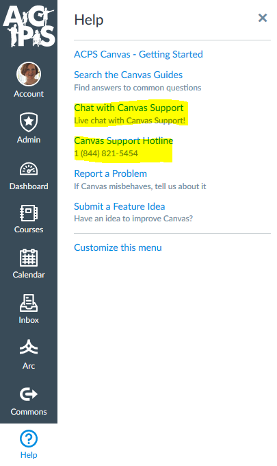 Canvas Help Menu