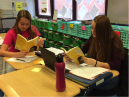 Two nineth-grade students reading books at their desks