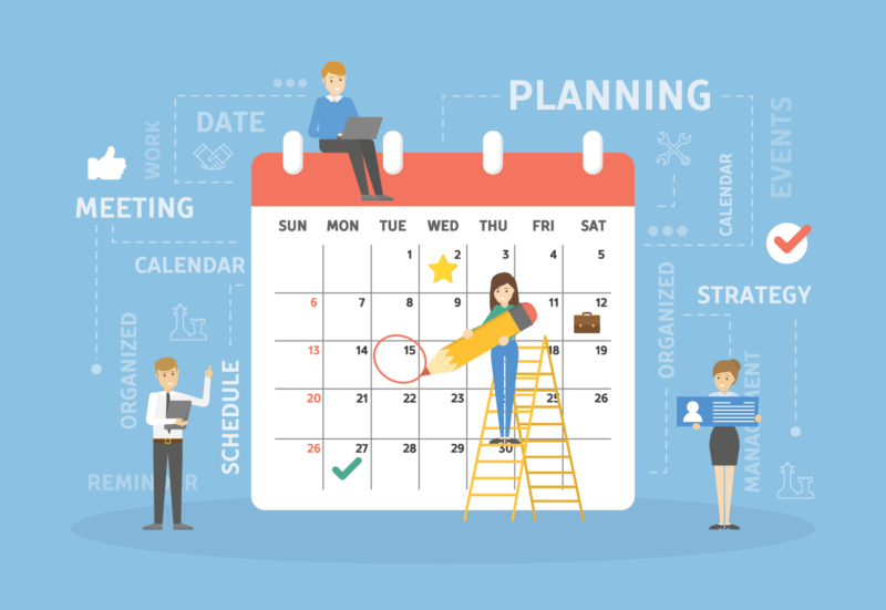 illustration of people working on a giant calendar