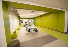 multi-use space with bright green walls