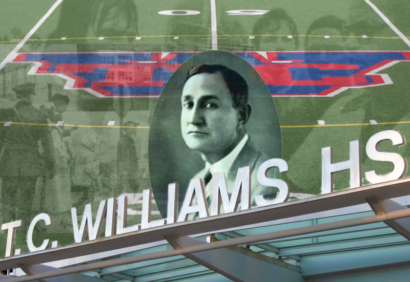 T.C. Williams portrait along with school name with football field, Coach Boone and football players and Lomax's first day of school