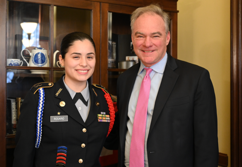 JROTC Cadet Nicole Rosario-Flores with U. S. Senator Tim Kaine