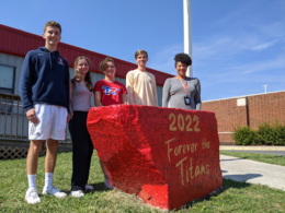 National Merit Semifinalists Virginia Arnold, Zachary Bosland, Delia Hughes and Tucker Stone with ACHS College and Career Center Counselor Stacy Morris