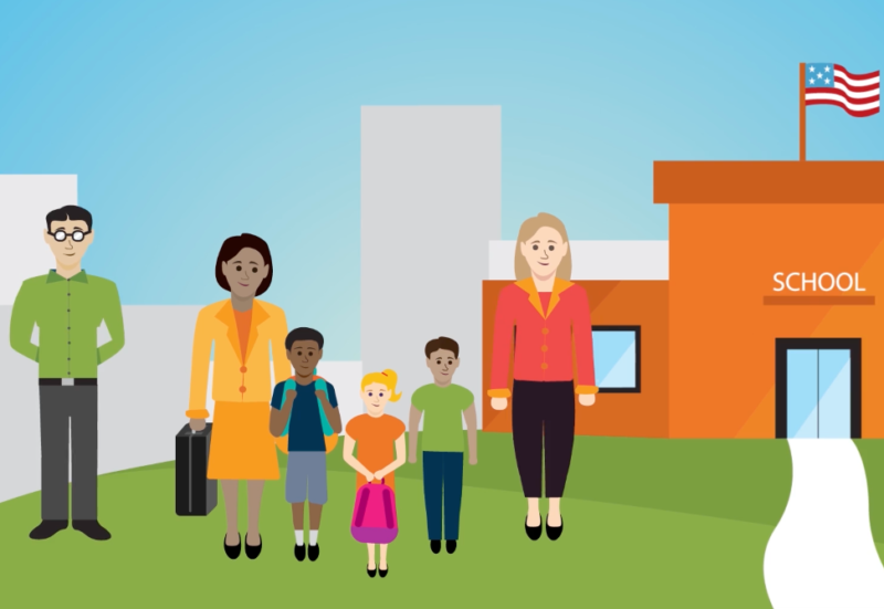 animated image of people standing in front of a school