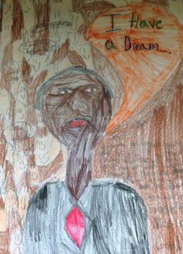 student drawing of MLK giving I Have a Dream Speech