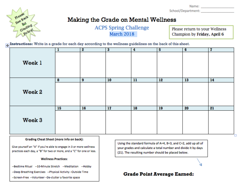 Making the Grade on Mental Wellness Tracking Calendar