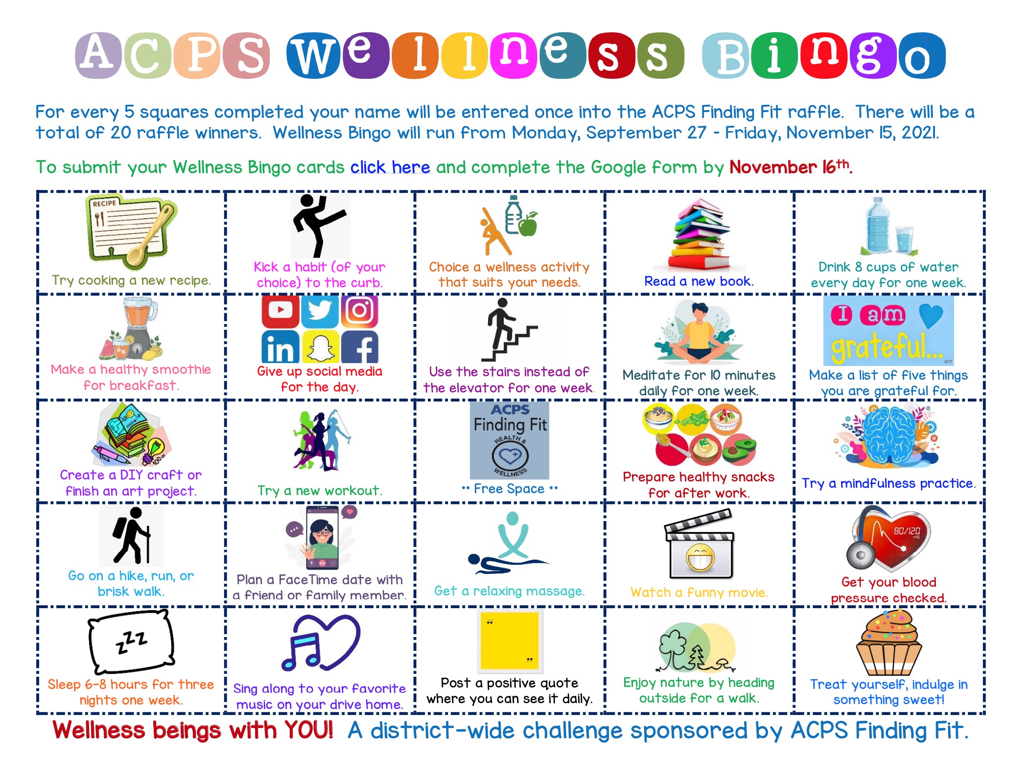 ACPS Wellness Bingo card