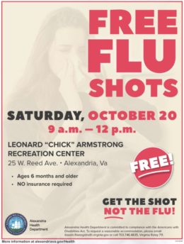 City of Alexandria Flu Shot Clinic October 20 9 am - nooon at Leonard "Chick" Armstrong Recreation Center