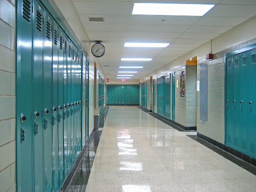 School hallway with blue lockers