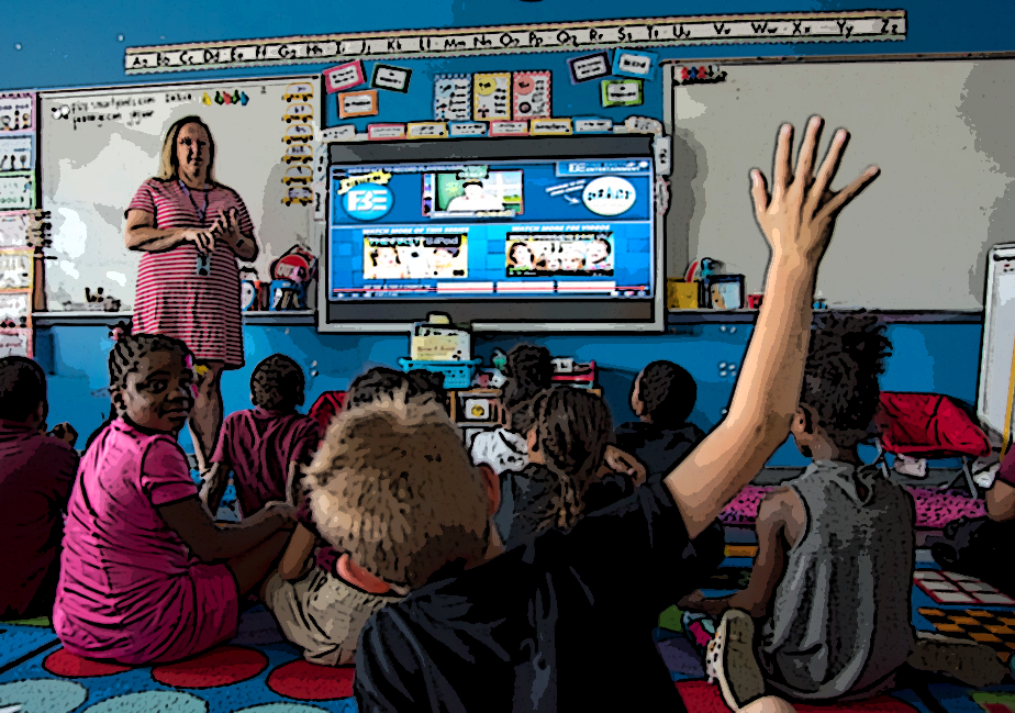 abstract image of teacher with children in classroom with child's hand raised