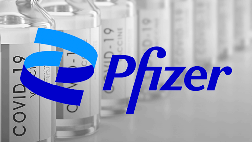 Pfizer logo with COVID-19 vaccine bottles in the background