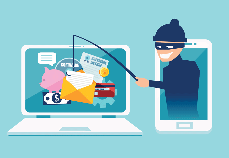 a robber phishing for information on a computer