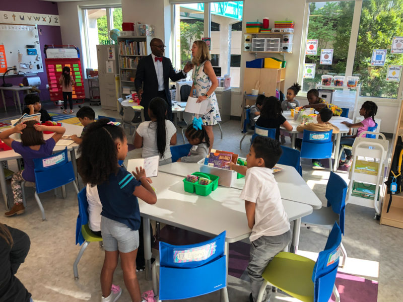 Dr. Hutchings visits a classroom on the first day of school
