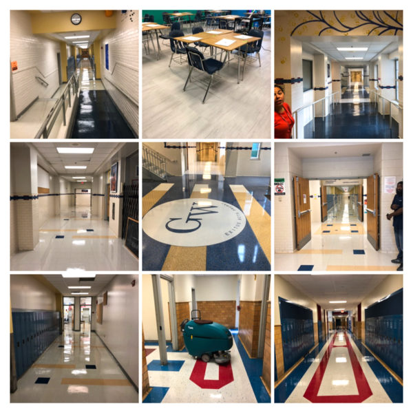 collage of various schools with squeaky clean floors