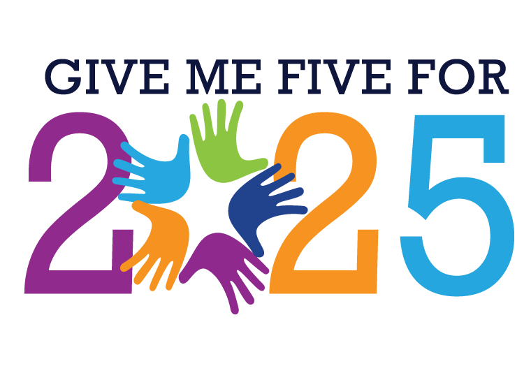 strategic plan logo -- Give Me Five for 2025 -- multicolored with five hands representing a zero