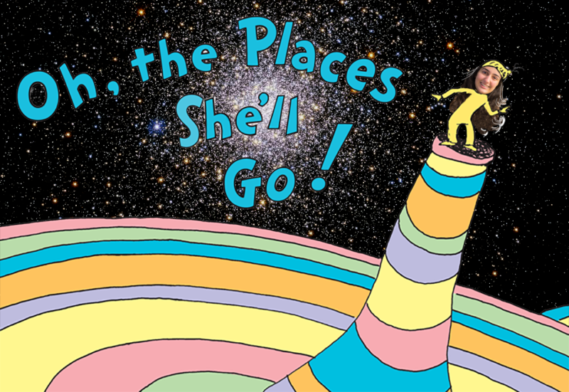 Ana Humphrey pasted into a space version of Dr. Seuss' Oh the Places You'll Go