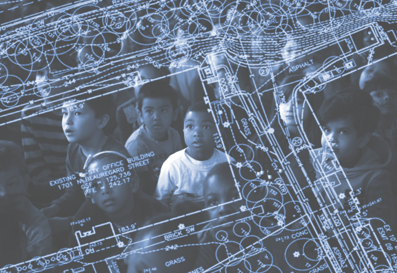 blueprint overlay on group of students