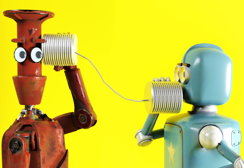 robots communicating with two tin cans and a string