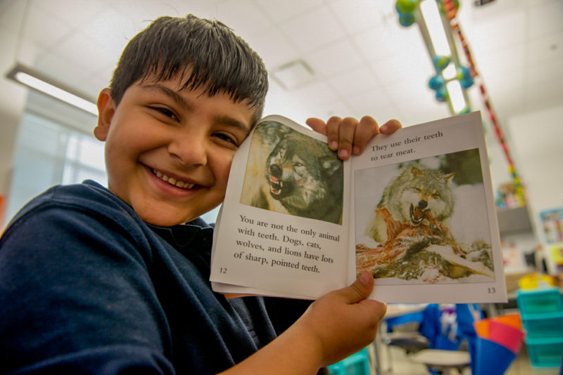 Happy elementary school boy holding book
