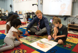 Elementary teacher reading book on floor with students
