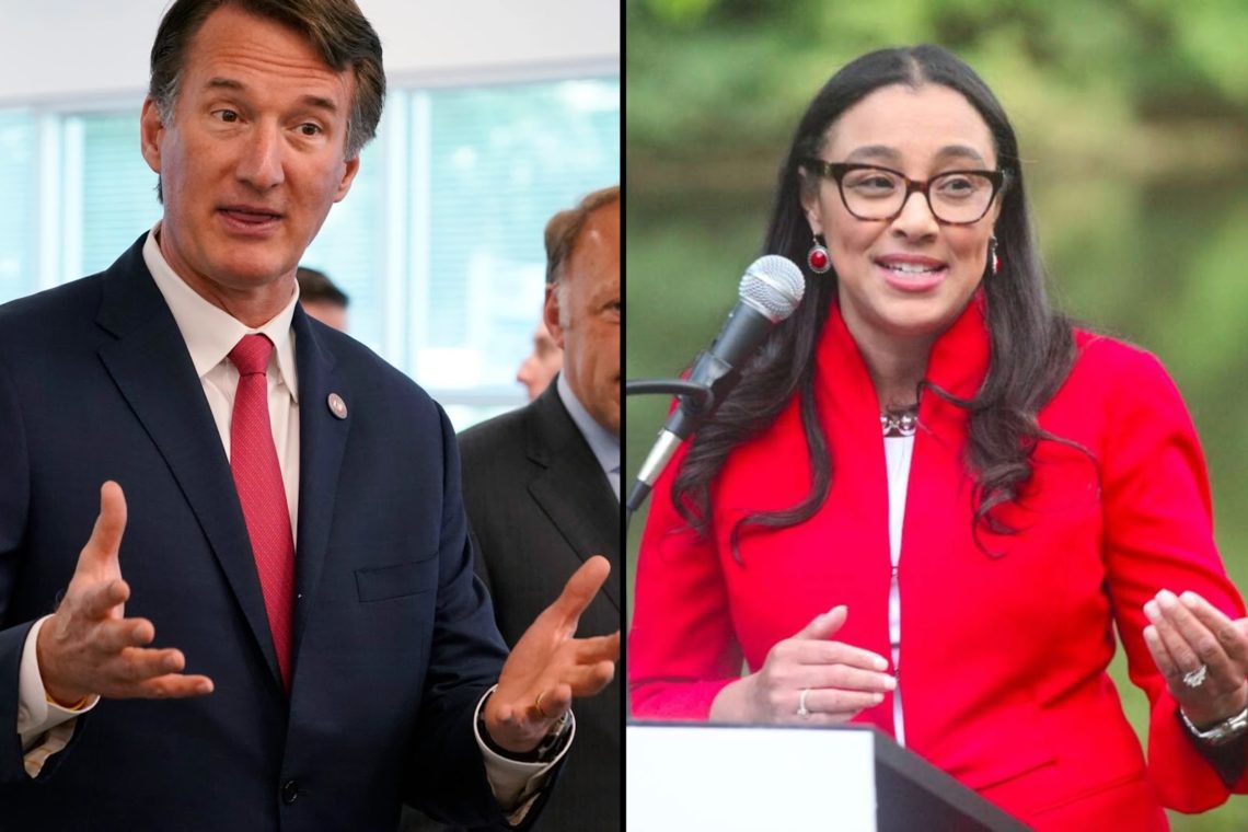 A photo collage of Republican Governor Glenn Youngkin, on the left, and Interim Superintendent Dr. Melanie Kay-Wyatt (right).